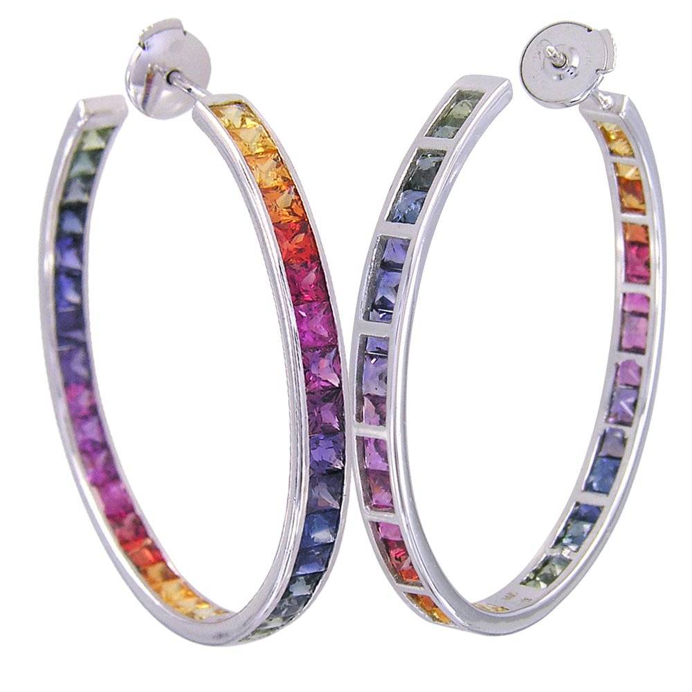 Rainbow Sapphire Earrings Channel Set Hoop Huggie 925 Sterling Silver